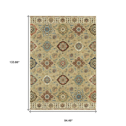 8' X 11' Tan Ivory And Brown Floral Area Rug With Fringe