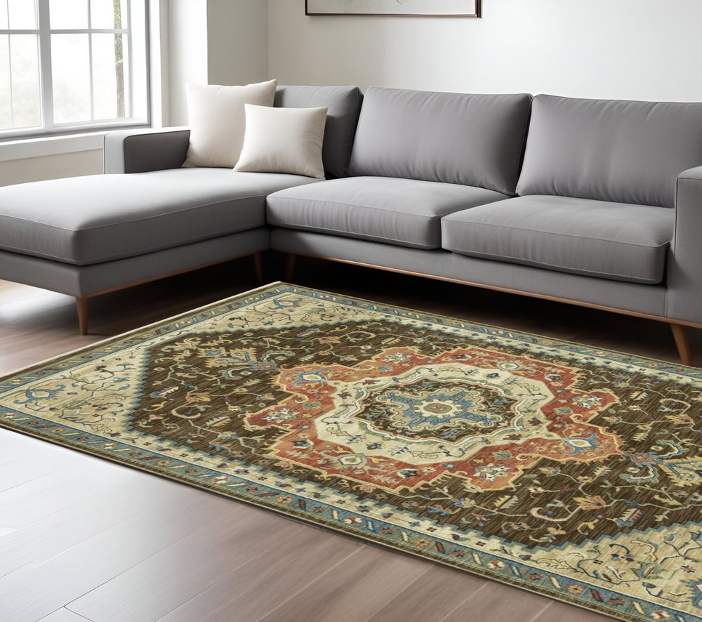 8' X 11' Brown And Orange Oriental Area Rug With Fringe
