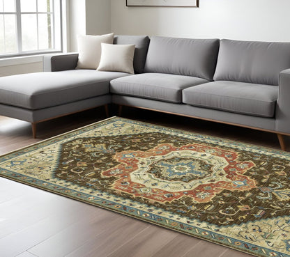 8' X 11' Brown And Orange Oriental Area Rug With Fringe