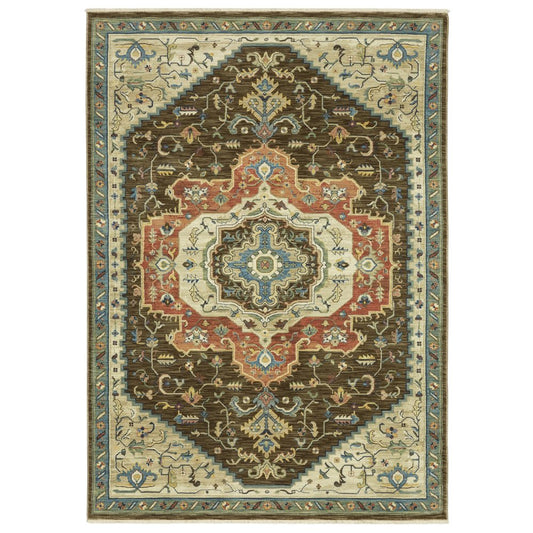 8' X 11' Brown And Orange Oriental Area Rug With Fringe
