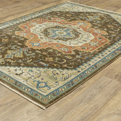 8' X 11' Brown And Orange Oriental Area Rug With Fringe