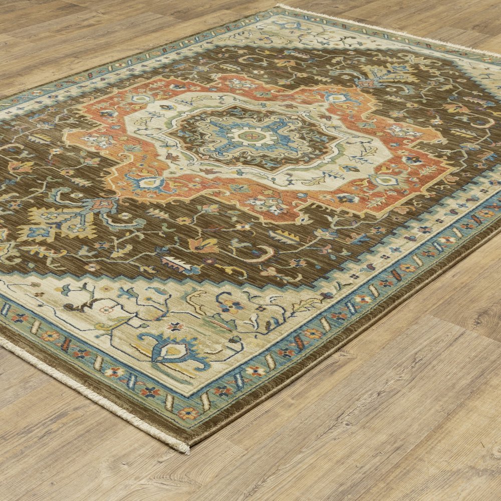 8' X 11' Brown And Orange Oriental Area Rug With Fringe