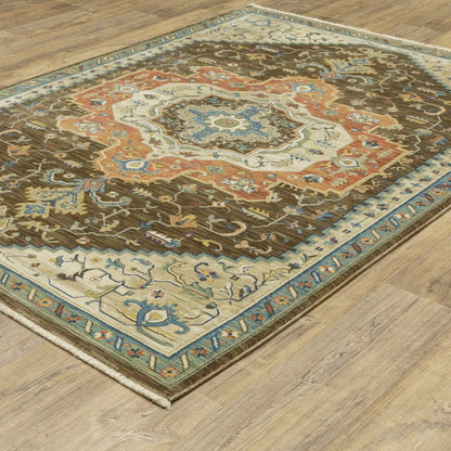 8' X 11' Brown And Orange Oriental Area Rug With Fringe