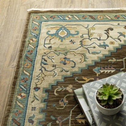 8' X 11' Brown And Orange Oriental Area Rug With Fringe