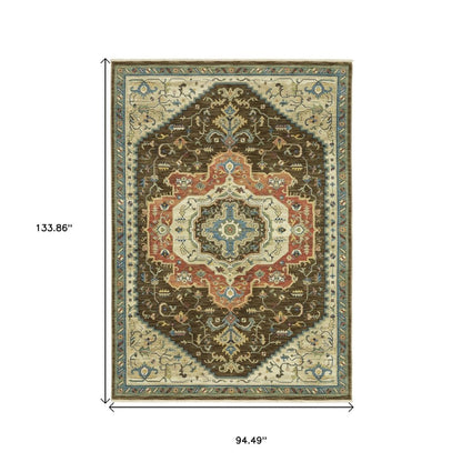 8' X 11' Brown And Orange Oriental Area Rug With Fringe