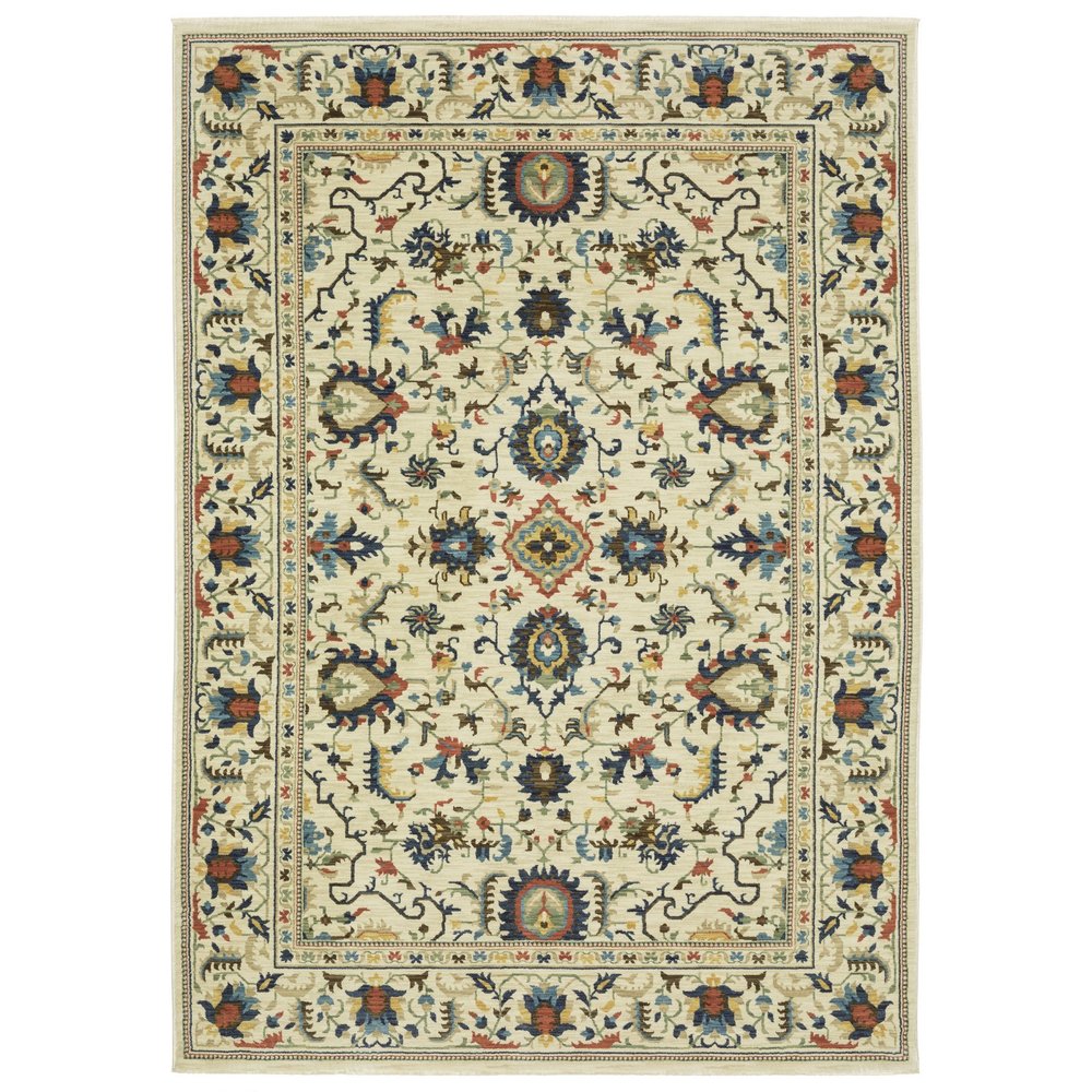 8' X 11' Ivory Blue And Orange Oriental Area Rug With Fringe