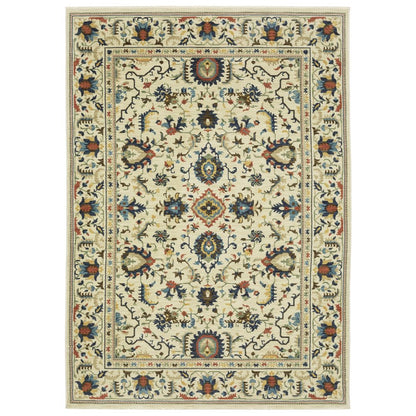 8' X 11' Ivory Blue And Orange Oriental Area Rug With Fringe