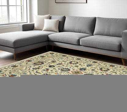 8' X 11' Ivory Blue And Orange Oriental Area Rug With Fringe