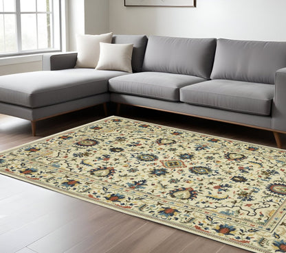 8' X 11' Ivory Blue And Orange Oriental Area Rug With Fringe