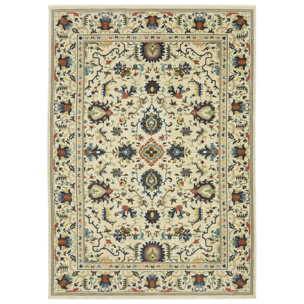 8' X 11' Ivory Blue And Orange Oriental Area Rug With Fringe