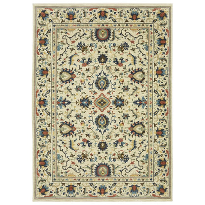 8' X 11' Ivory Blue And Orange Oriental Area Rug With Fringe