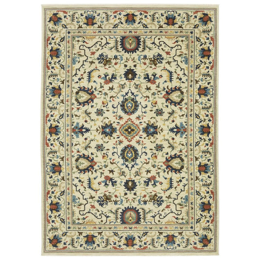 8' X 11' Ivory Blue And Orange Oriental Area Rug With Fringe
