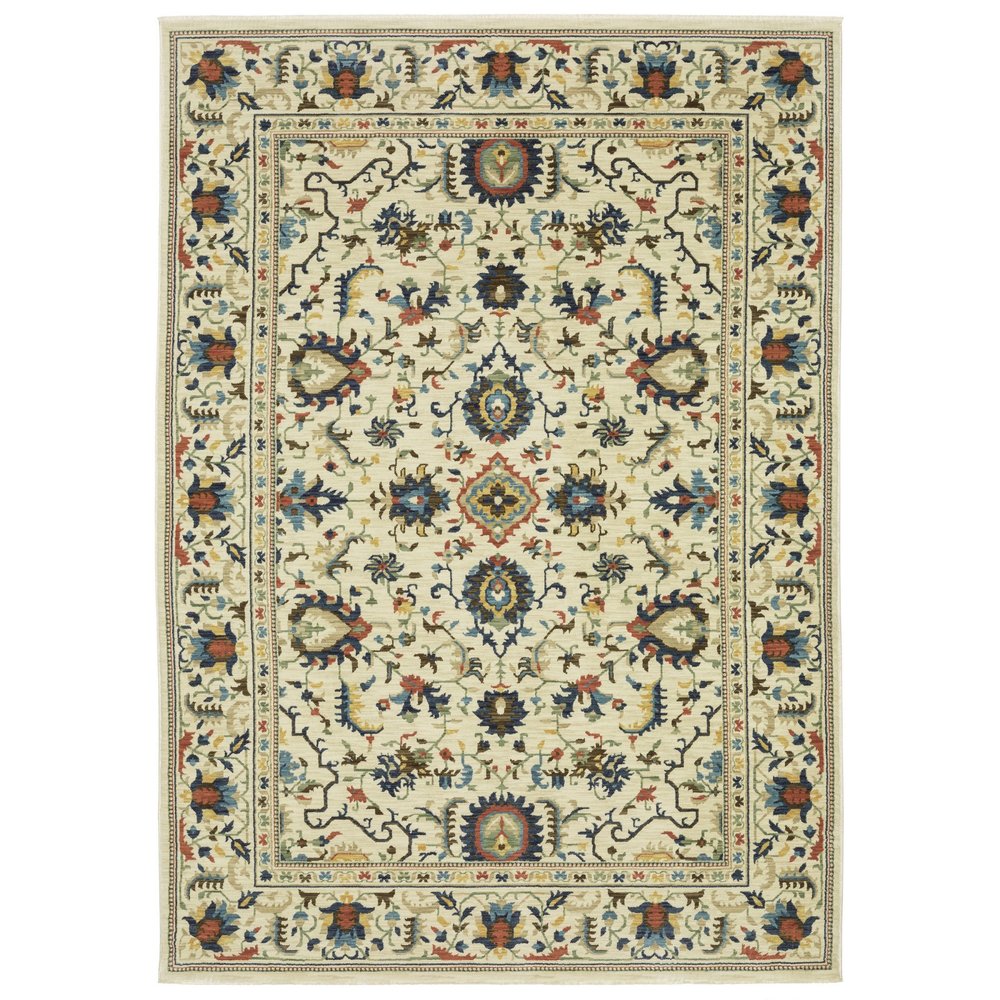 8' X 11' Ivory Blue And Orange Oriental Area Rug With Fringe