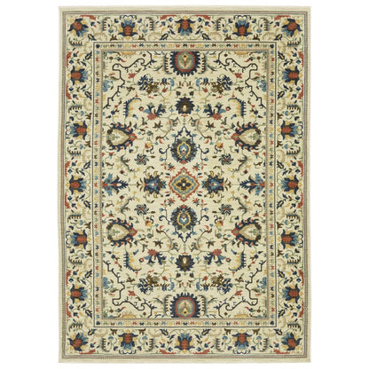 8' X 11' Ivory Blue And Orange Oriental Area Rug With Fringe