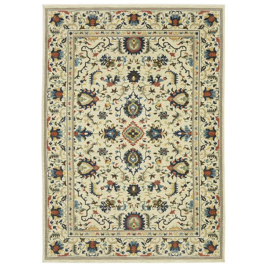 8' X 11' Ivory Blue And Orange Oriental Area Rug With Fringe