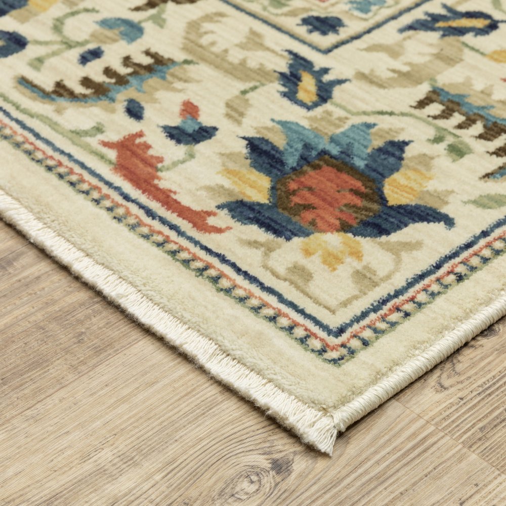 8' X 11' Ivory Blue And Orange Oriental Area Rug With Fringe
