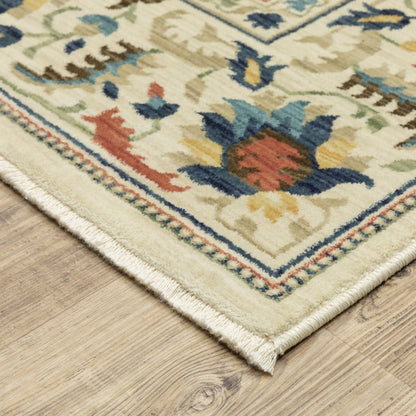 8' X 11' Ivory Blue And Orange Oriental Area Rug With Fringe