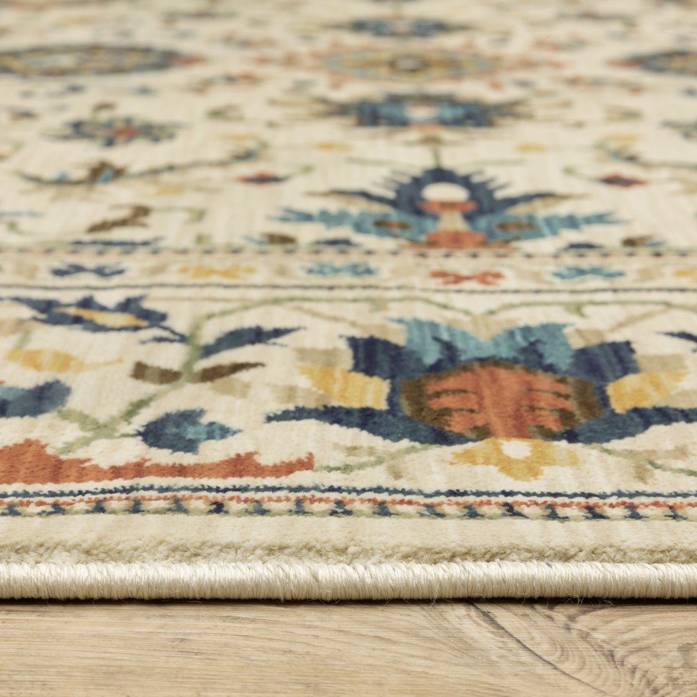 8' X 11' Ivory Blue And Orange Oriental Area Rug With Fringe