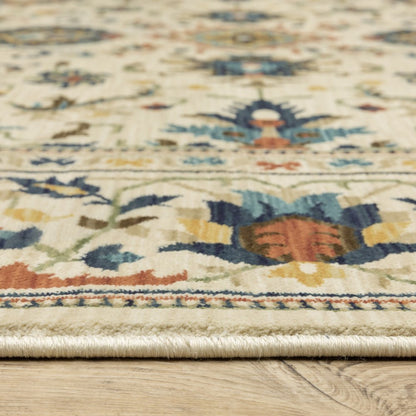 8' X 11' Ivory Blue And Orange Oriental Area Rug With Fringe