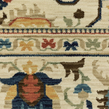 8' X 11' Ivory Blue And Orange Oriental Area Rug With Fringe