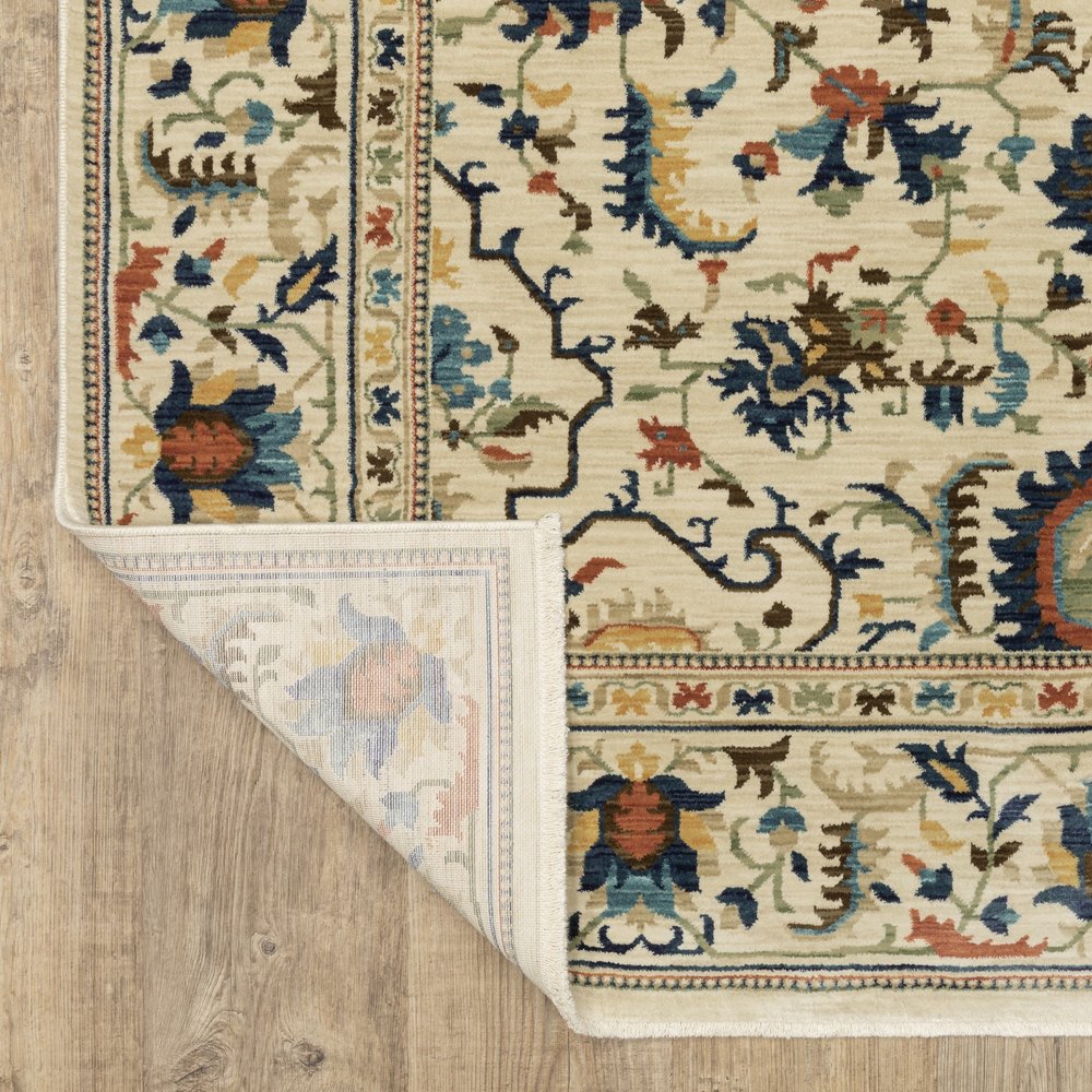 8' X 11' Ivory Blue And Orange Oriental Area Rug With Fringe