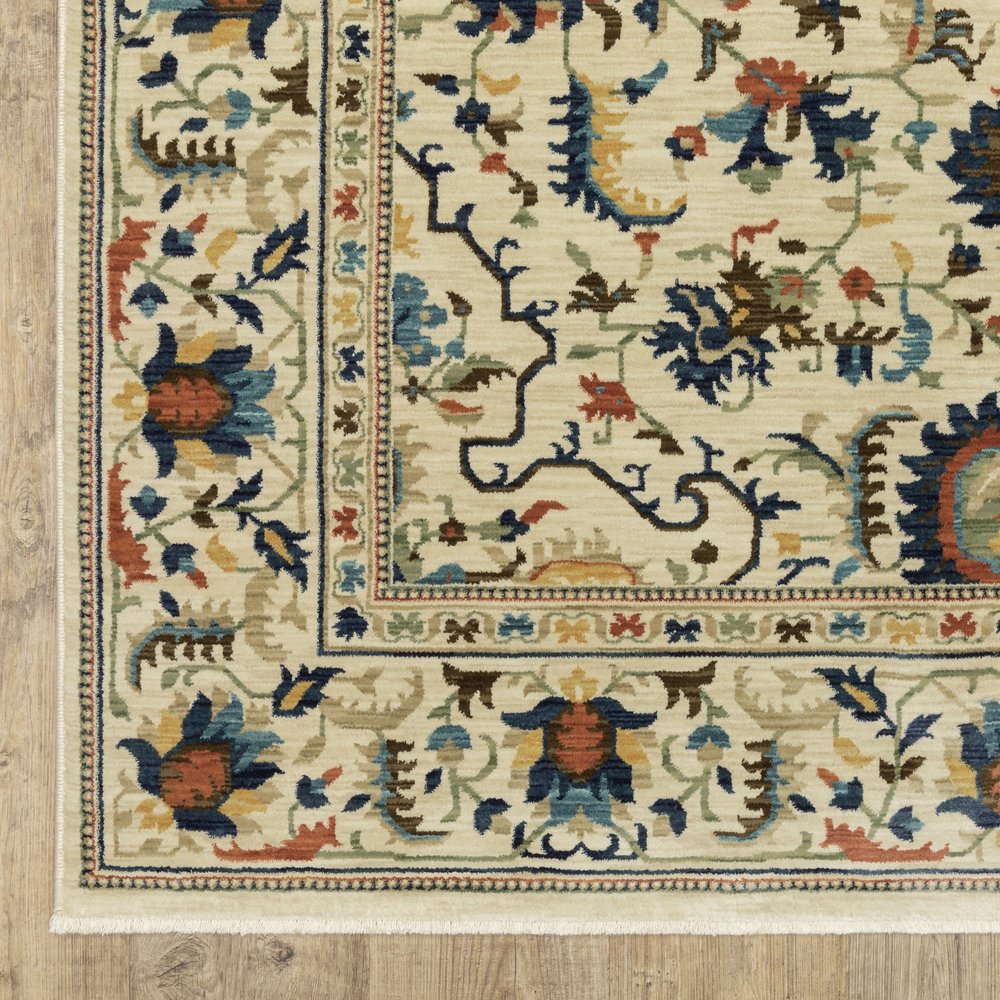 8' X 11' Ivory Blue And Orange Oriental Area Rug With Fringe