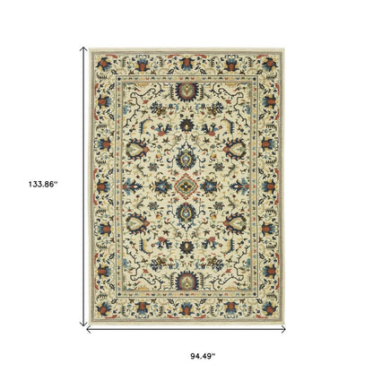 8' X 11' Ivory Blue And Orange Oriental Area Rug With Fringe