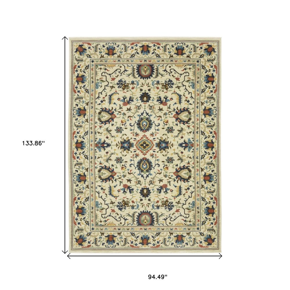 8' X 11' Ivory Blue And Orange Oriental Area Rug With Fringe
