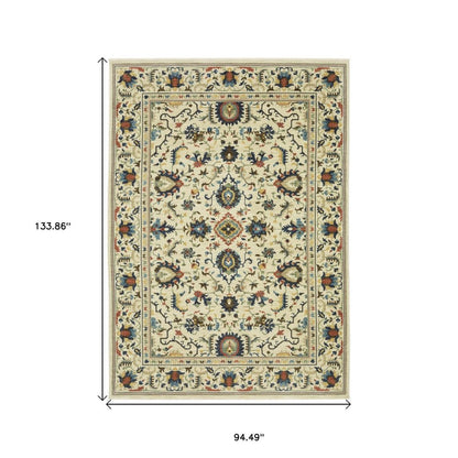 8' X 11' Ivory Blue And Orange Oriental Area Rug With Fringe