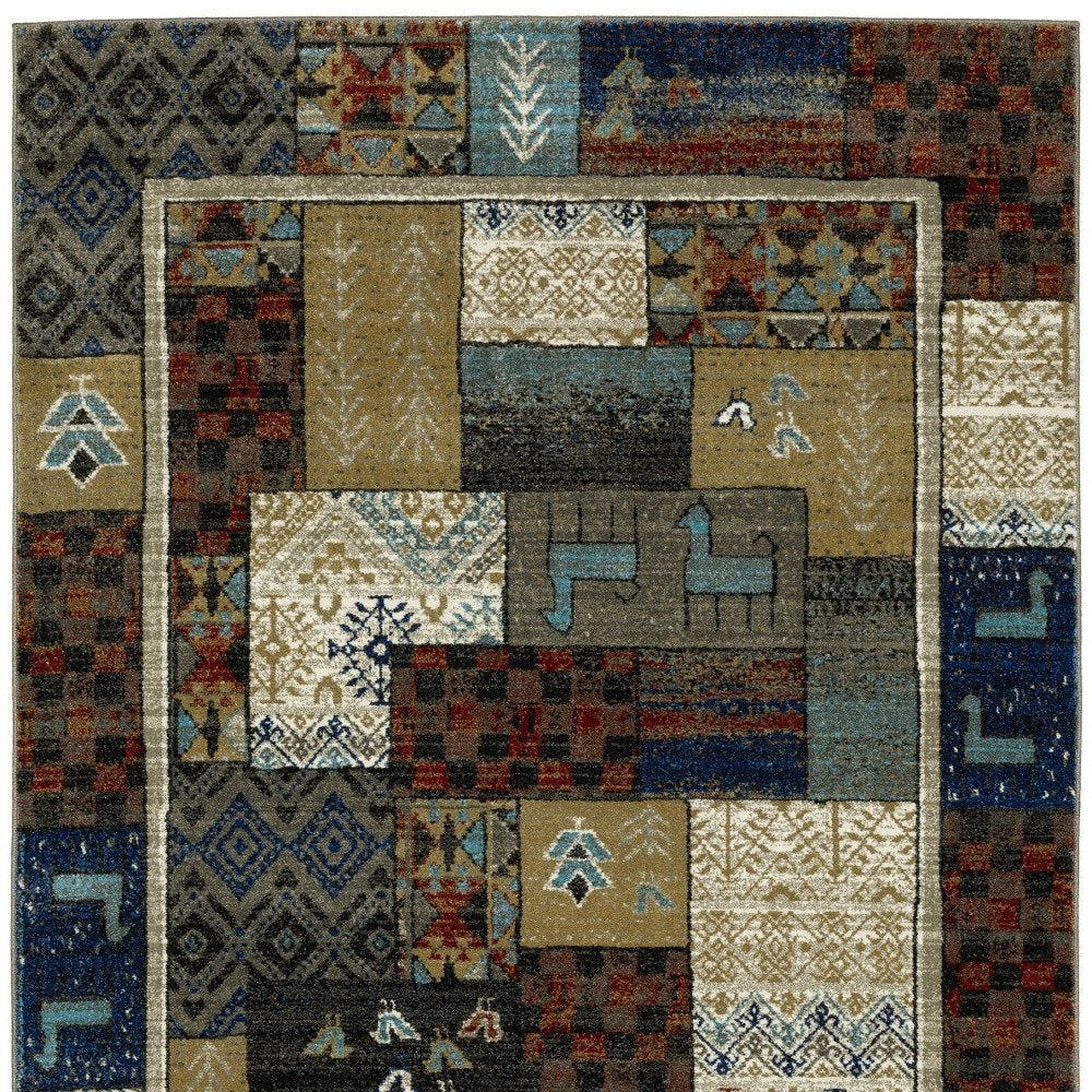 8' X 10' Brown Tan And Blue Patchwork Area Rug