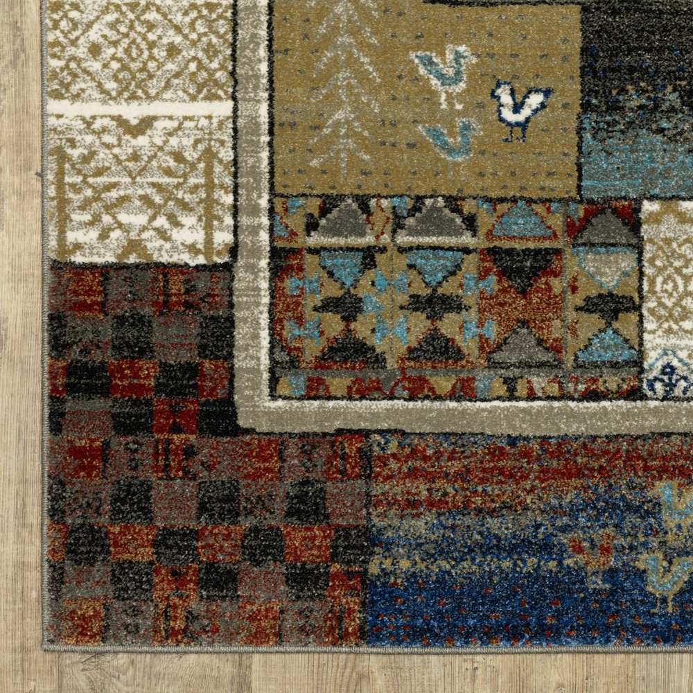8' X 10' Brown Tan And Blue Patchwork Area Rug