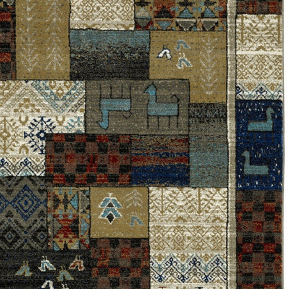 8' X 10' Brown Tan And Blue Patchwork Area Rug