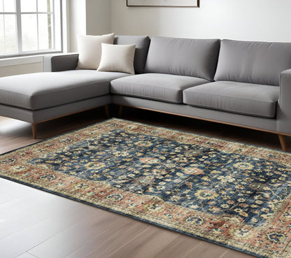 8' X 10' Blue And Rust Oriental Distressed Area Rug