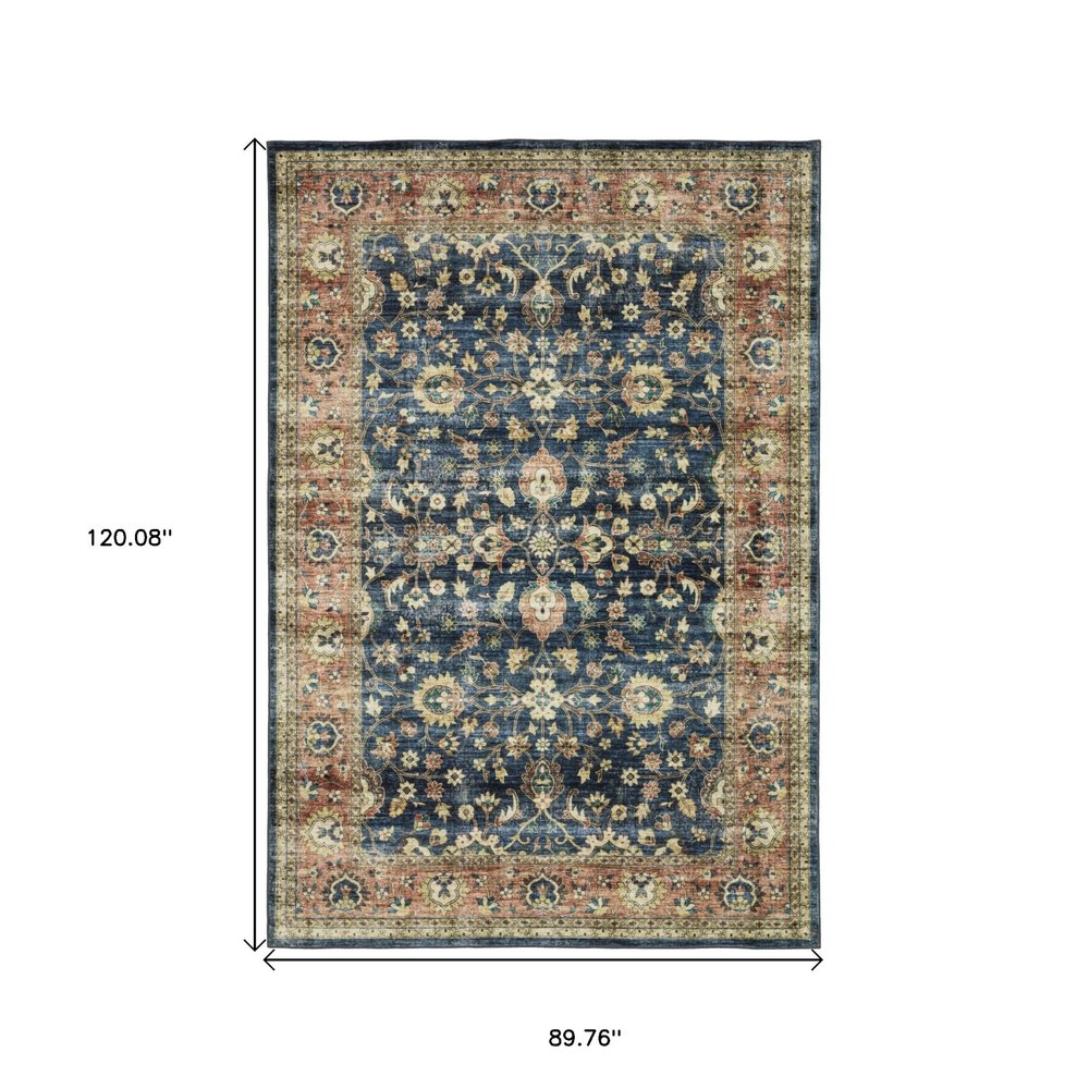 8' X 10' Blue And Rust Oriental Distressed Area Rug