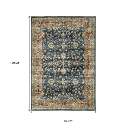 8' X 10' Blue And Rust Oriental Distressed Area Rug