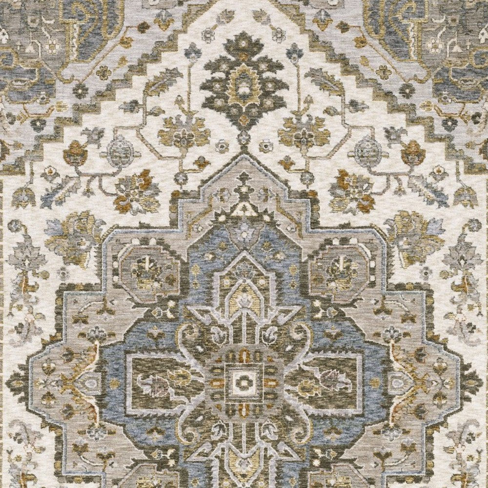 8' X 11' Ivory And Gold Medallion Distressed Area Rug With Fringe