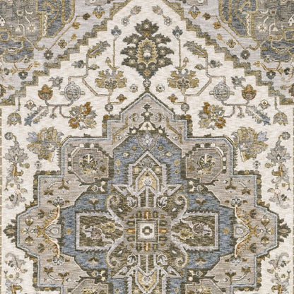 8' X 11' Ivory And Gold Medallion Distressed Area Rug With Fringe