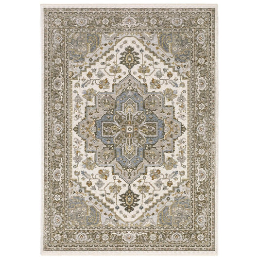 8' X 11' Ivory And Gold Medallion Distressed Area Rug With Fringe