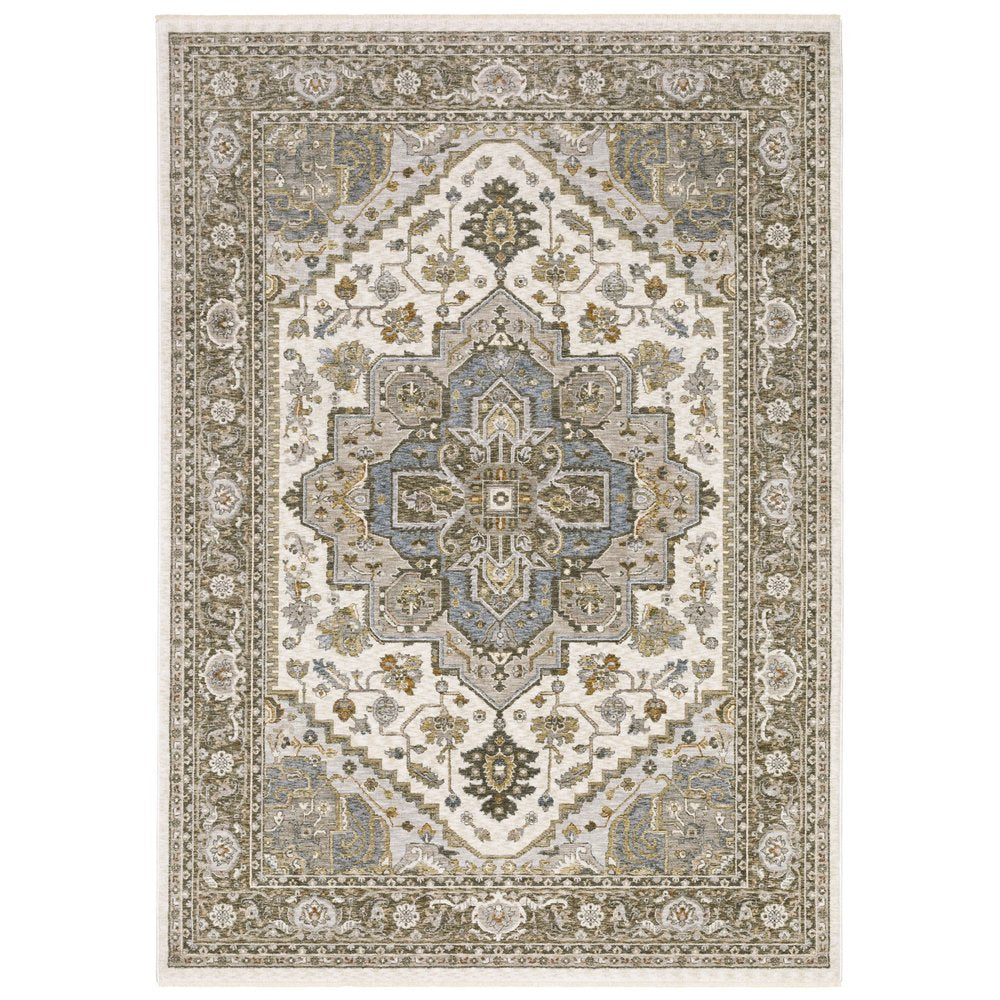 8' X 11' Ivory And Gold Medallion Distressed Area Rug With Fringe