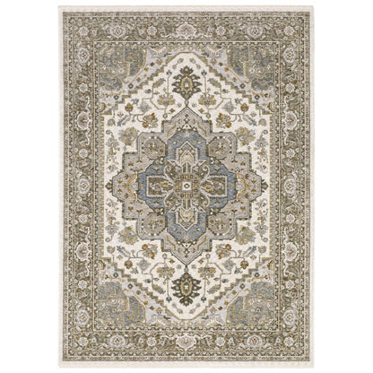 8' X 11' Ivory And Gold Medallion Distressed Area Rug With Fringe