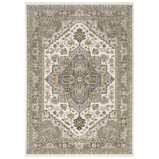 8' X 11' Ivory And Gold Medallion Distressed Area Rug With Fringe