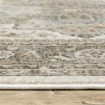 8' X 11' Ivory And Gold Medallion Distressed Area Rug With Fringe