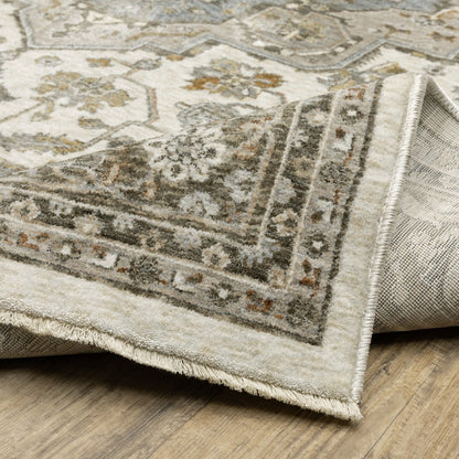 8' X 11' Ivory And Gold Medallion Distressed Area Rug With Fringe