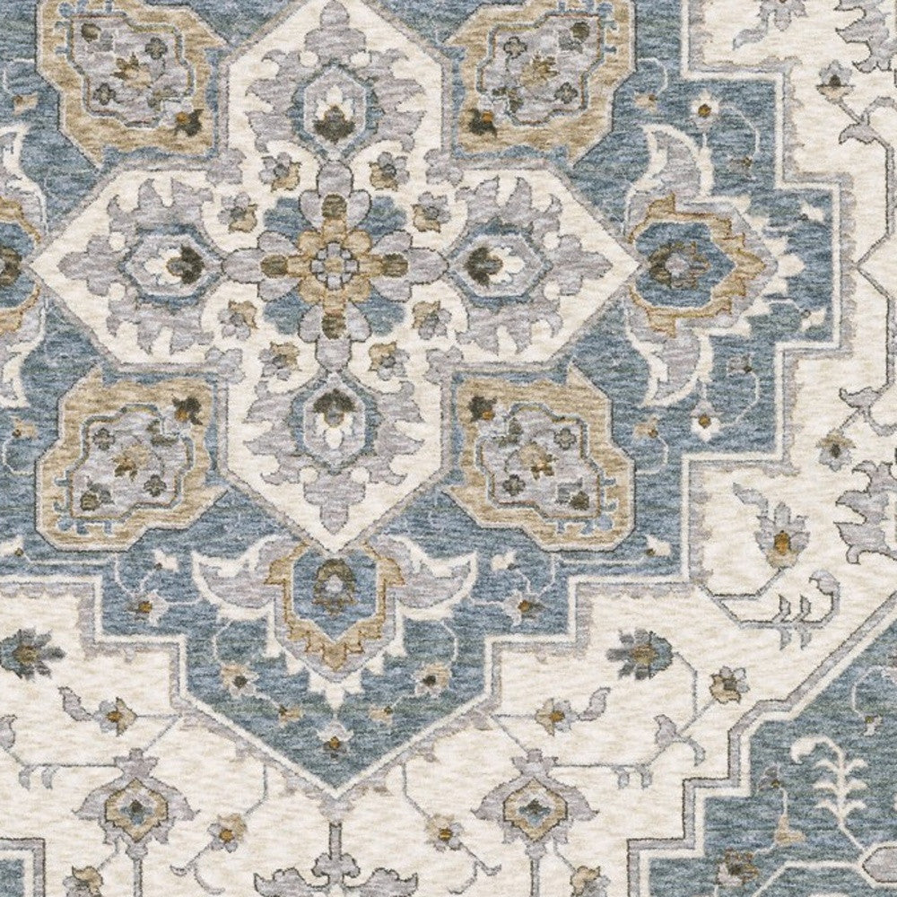 8' X 11' Blue And Ivory Medallion Distressed Area Rug With Fringe