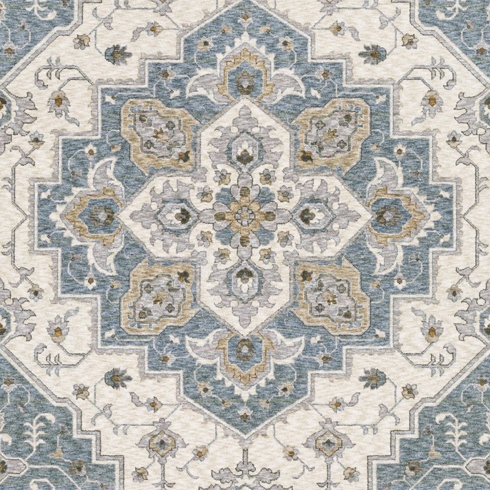 8' X 11' Blue And Ivory Medallion Distressed Area Rug With Fringe