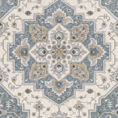8' X 11' Blue And Ivory Medallion Distressed Area Rug With Fringe