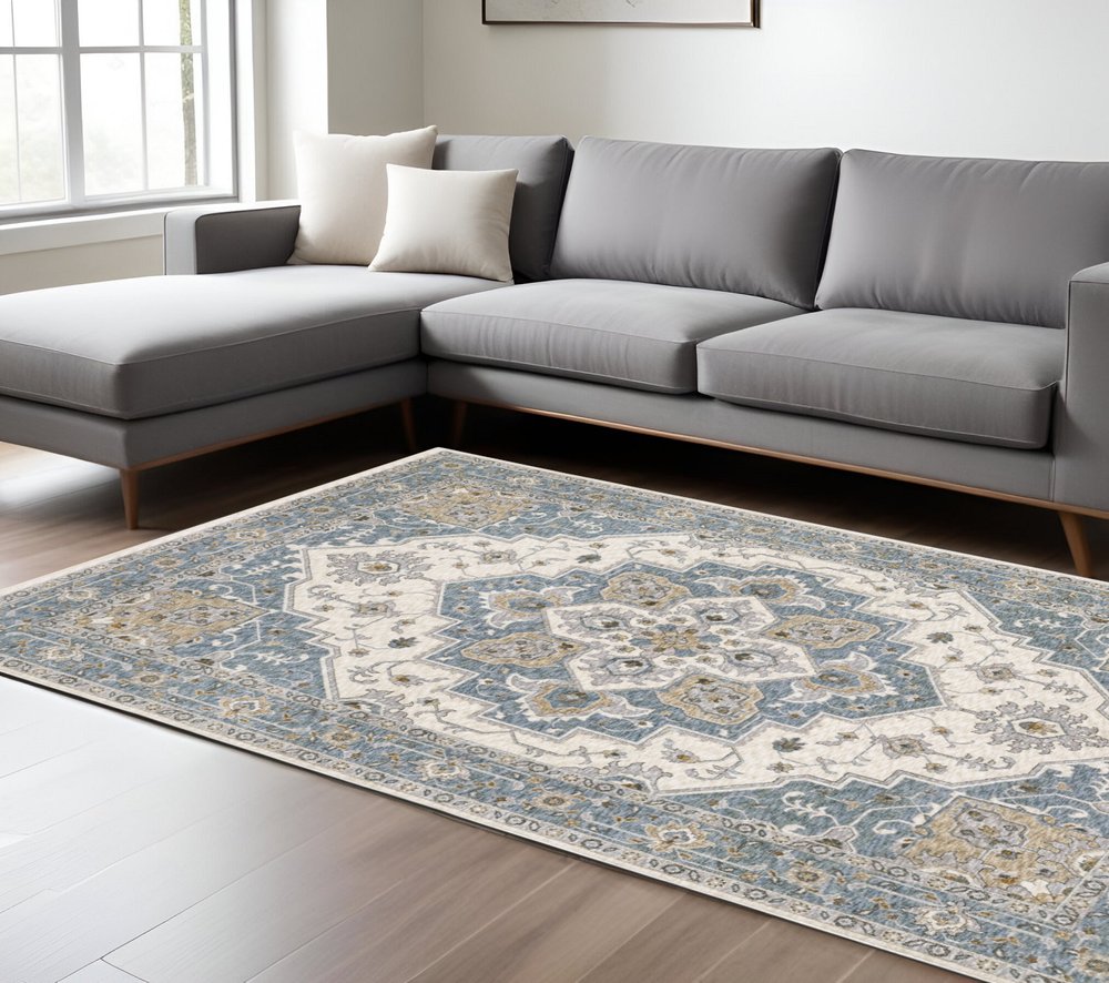 8' X 11' Blue And Ivory Medallion Distressed Area Rug With Fringe