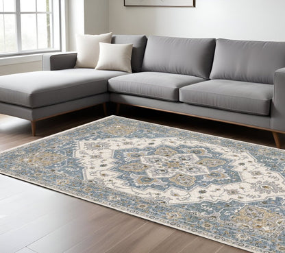 8' X 11' Blue And Ivory Medallion Distressed Area Rug With Fringe