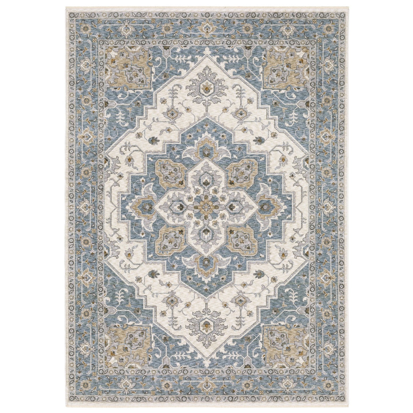 8' X 11' Blue And Ivory Medallion Distressed Area Rug With Fringe