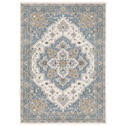 8' X 11' Blue And Ivory Medallion Distressed Area Rug With Fringe